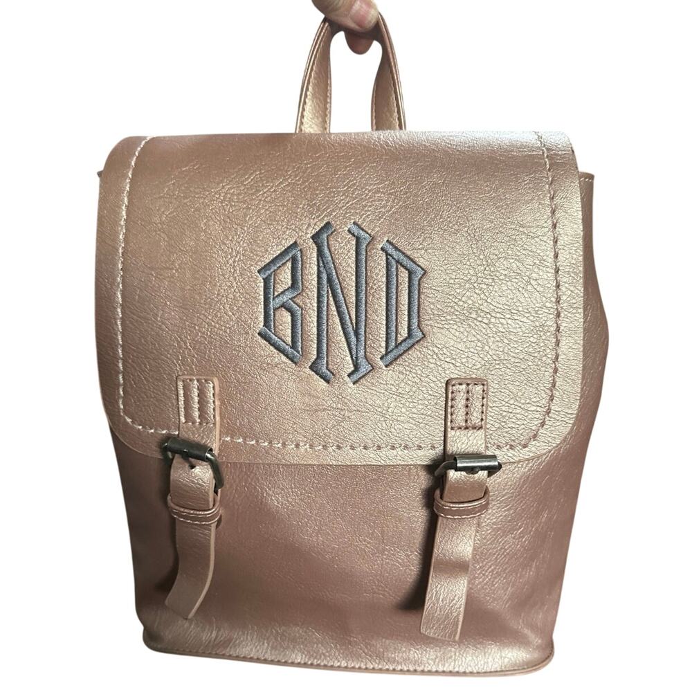 MarleyLilly Bag Monogrammed Backpack Purse in brown.  Removable flap . 12”x9”x5”